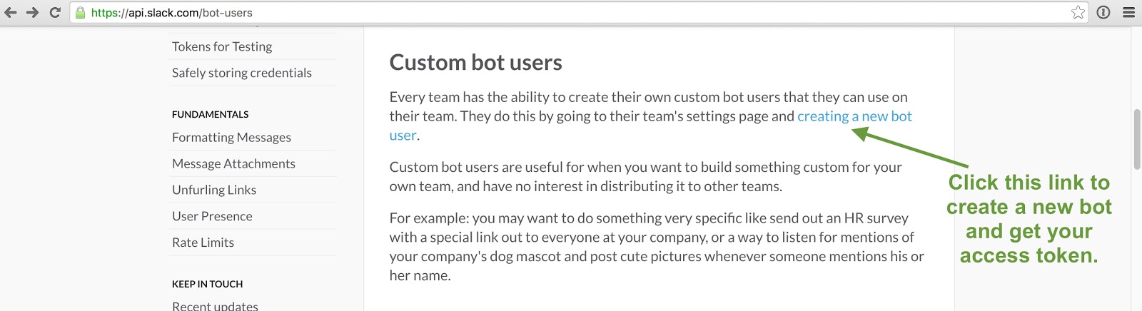 Custom bot users webpage.